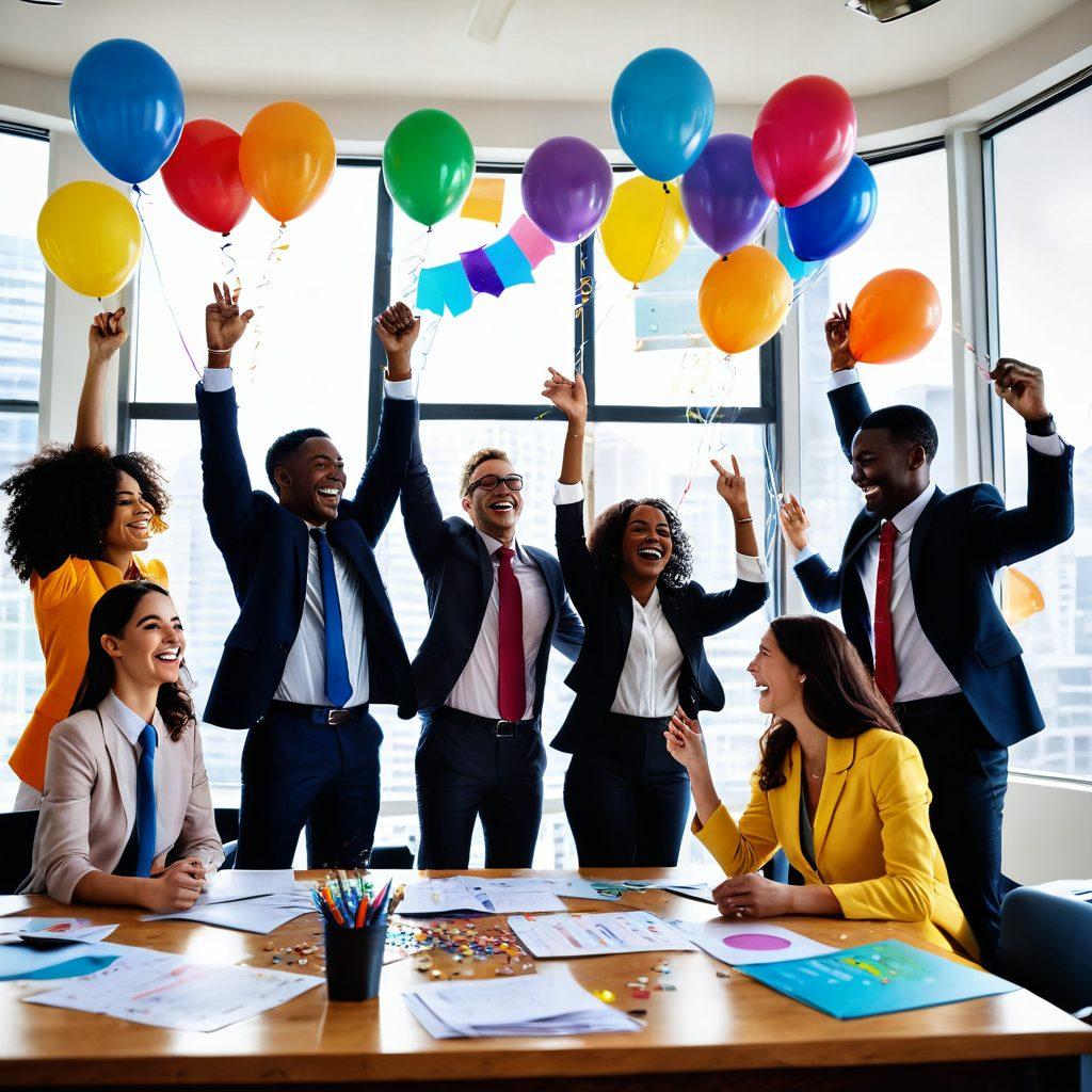 A bright and uplifting scene depicting a diverse team of financial analysts in a modern office, celebrating a successful business outcome with colorful charts and graphs in the background. Balloons and confetti are scattered around, symbolizing joy and achievement. Sunlight streams through large windows, illuminating their happy faces as they share ideas and laughter. The overall atmosphere is energetic and positive, reflecting the theme of financial joy. vibrant colors. super-realistic. bright and cheerful.
