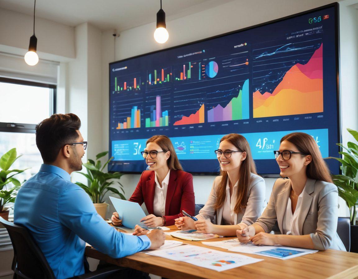 A whimsical yet professional scene depicting a diverse group of businesspeople joyfully analyzing colorful data analytics charts on a large screen, with light bulbs and gears symbolizing ideas and innovation floating above their heads. The setting includes bright office decor and a lush indoor plant to represent growth. The atmosphere is vibrant, with an emphasis on collaboration and positive energy. super-realistic. vibrant colors. soft focus.