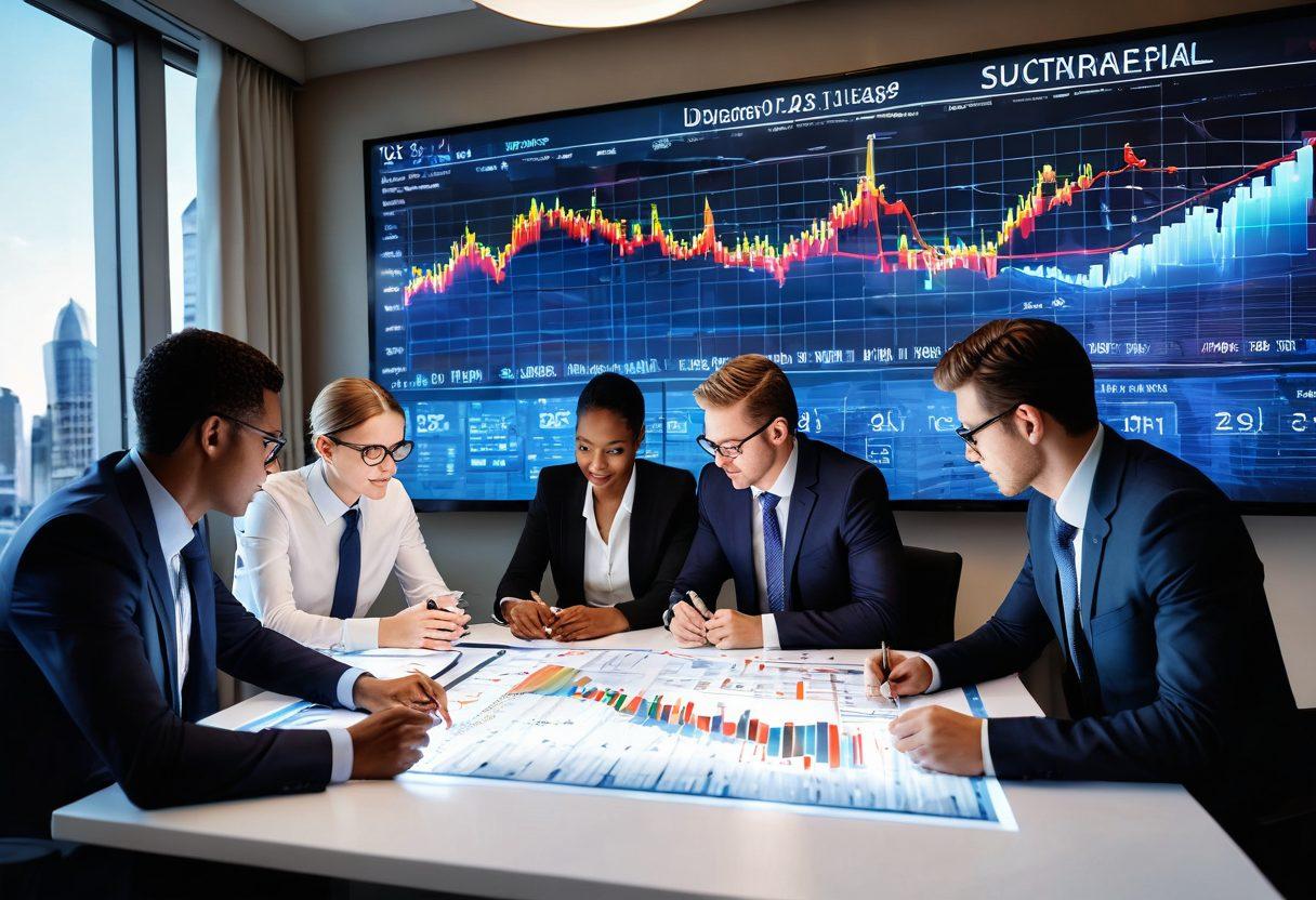A dynamic scene featuring a diverse team of professionals collaborating around a large table, filled with financial charts, graphs, and digital screens showcasing upward trends. Include elements like a glowing light bulb to symbolize innovative ideas, a calendar illustrating strategic planning, and a background with a city skyline indicating success. The atmosphere should convey optimism and determination. vibrant colors. super-realistic.